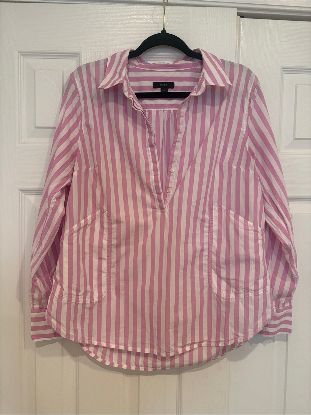 J. Crew Pink and White Striped Cotton Popover Blouse